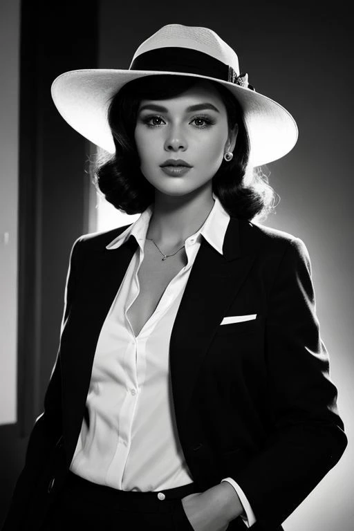 (beautiful woman),[film noir], [full-body shot], [black and white photo], [vintage], [fedora hat],[chiaroscuro lighting], [thriller], (beautiful perfect face),[detailed],[perfect human anatomy],[professional photography],[posing],[cinematic],[40s],[very old elegant clothes]