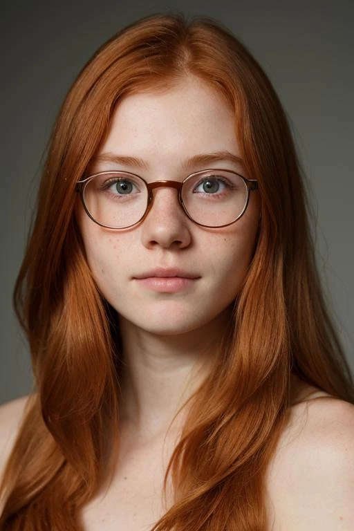 professional, masterpiece, 8k, hyperrealistic portrait of a 20yo cute ginger girl, long hair, redhead, glasses, (looking shy:1.3), freckles, detailed face, detailed skin, photography, hq, photorealistic,