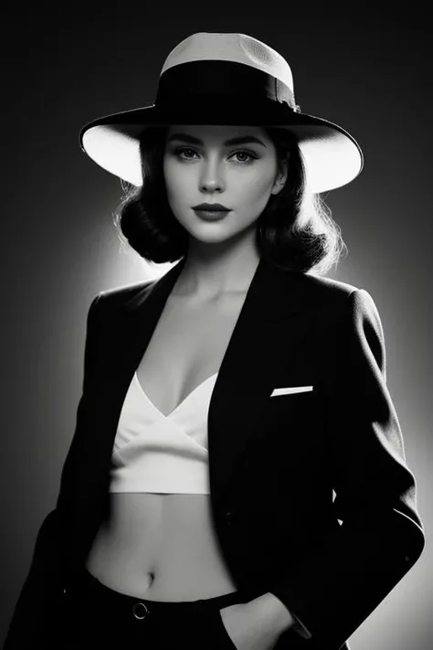 (beautiful woman),[film noir], [full-body shot], [black and white photo], [vintage], [fedora hat],[chiaroscuro lighting], [thriller], (beautiful perfect face),[detailed],[perfect human anatomy],[professional photography],[posing],[cinematic],[40s],[very old elegant clothes]