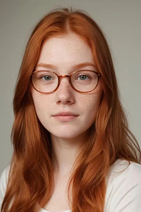 professional, masterpiece, 8k, hyperrealistic portrait of a 20yo cute ginger girl, long hair, redhead, glasses, (looking shy:1.3), freckles, detailed face, detailed skin, photography, hq, photorealistic,