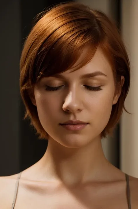 [face closeup],closed eyes,beautiful girl,(golden skin),redhead,short hair,[curly bob cut],dark theme, [detailed skin], empty background,[4k],[full hd],[posing],[sharp image],[high quality],[detailed],[dramatic lighting],[dslr],[professional photographer]