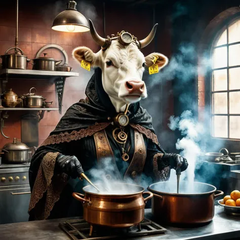 Steampunk, an old humanoid female cow with a shawl on its head standing in the kitchen stirring steaming food in a pot, midjourneyv6.1, retrofuturistic science fantasy, steam-powered tech, vintage industry, gears, neo-victorian, steampunk