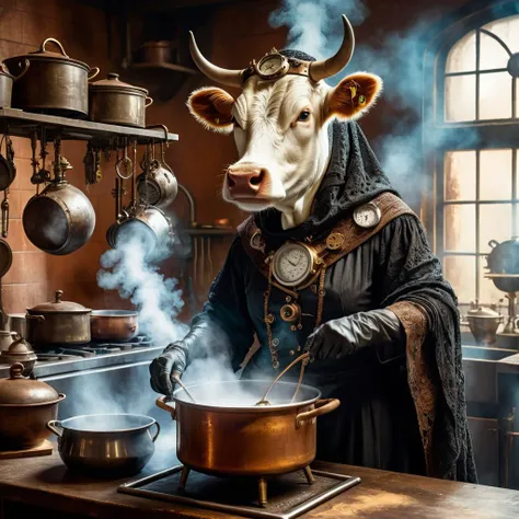 Steampunk, an old humanoid female cow with a shawl on its head standing in the kitchen stirring steaming food in a pot, midjourneyv6.1, retrofuturistic science fantasy, steam-powered tech, vintage industry, gears, neo-victorian, steampunk