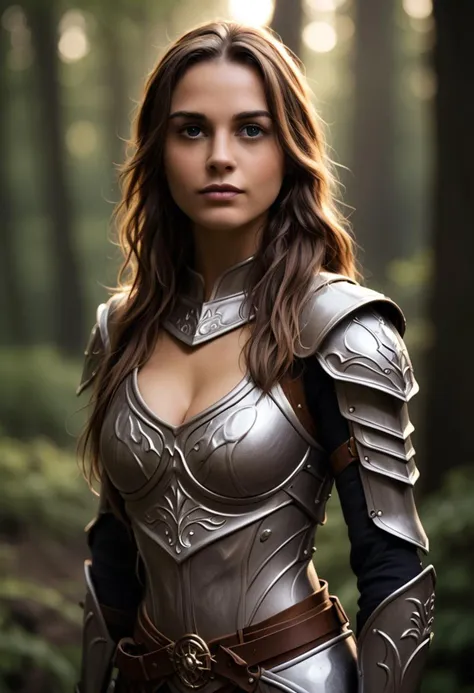 (photograph:1.8), (photorealistic:1.6), (realistic:1.7), (intricate detail:1.1), (soft lighting), (beautiful woman, young woman, 22 years old, German woman), rpgelf,(detailed face), (smooth hair, long hair, brunette hair:1.3), (round breasts, medium breasts:1.3), ((leather armor:1.5)), (cleavage:1.5), ranger, in a forest grove, at dawn, (facing viewer, (cowboy shot)), 8k uhd, dslr, soft lighting, high quality, film grain, Fujifilm XT3