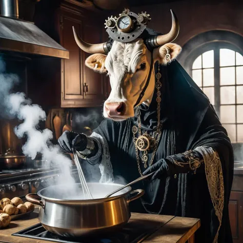 Steampunk, an old humanoid female cow with a shawl on its head standing in the kitchen stirring steaming food in a pot, retrofuturistic science fantasy, steam-powered tech, vintage industry, gears, neo-victorian, steampunk, gothic style an old humanoid female cow with a shawl on its head standing in the kitchen stirring steaming food in a pot . dark, mysterious, haunting, dramatic, ornate, detailed