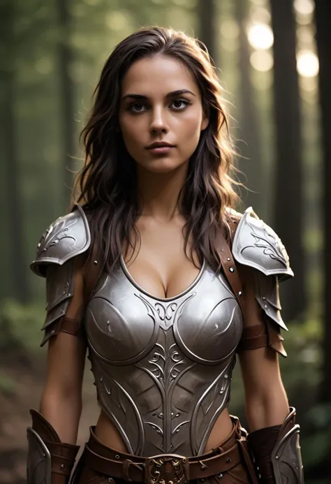 (photograph:1.8), (photorealistic:1.6), (realistic:1.7), (intricate detail:1.1), (soft lighting), (beautiful woman, young woman, 22 years old, Celtic woman), rpgelf,(detailed face), (smooth hair, long hair, black hair:1.3), (round breasts, large breasts:1.3), ((leather armor:1.5)), (cleavage:1.5), ranger, in a forest grove, at dawn, (facing viewer, (cowboy shot)), 8k uhd, dslr, soft lighting, high quality, film grain, Fujifilm XT3