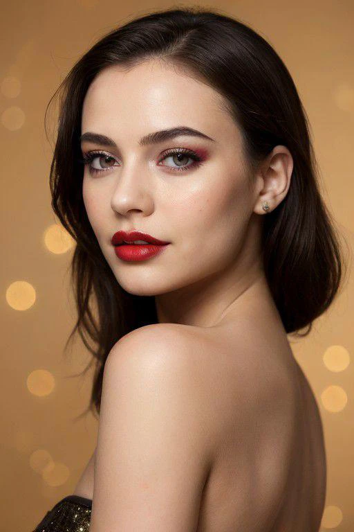 (masterpiece, best quality:1.4),thin lips,(Bright red lipstick:0.75),beauty,half top,realistic skin details visible,make up for festive party, gold ,bokeh background ,