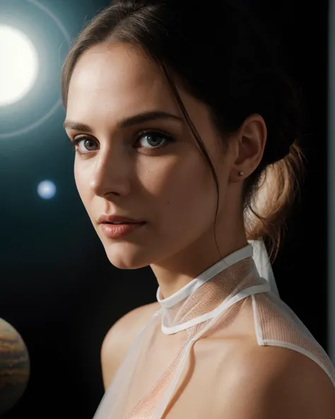 1Female. Wearing a white see-through transparent mesh top. Detailed face. Perfect eyes, highly detailed beautiful expressive eyes, detailed eyes. Sci-fi theme. Epic view. High contrast, epic cinematic, rim light, 35mm photograph, film, bokeh, professional, highly detailed dynamic lighting, photorealistic, 8k, raw, rich, intricate details, realistic, realism, professional propaganda photo. Universe, space, solar system.