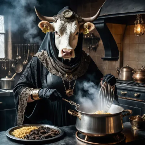 Steampunk, an old humanoid female cow with a shawl on its head standing in the kitchen stirring steaming food in a pot, retrofuturistic science fantasy, steam-powered tech, vintage industry, gears, neo-victorian, steampunk, gothic style an old humanoid female cow with a shawl on its head standing in the kitchen stirring steaming food in a pot . dark, mysterious, haunting, dramatic, ornate, detailed