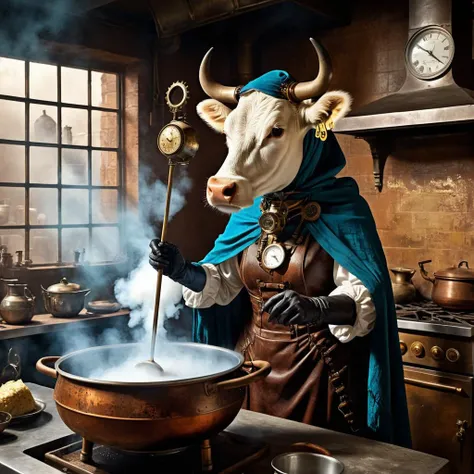 Steampunk, an old humanoid female cow with a shawl on its head standing in the kitchen stirring steaming food in a pot, midjourneyv6.1, retrofuturistic science fantasy, steam-powered tech, vintage industry, gears, neo-victorian, steampunk