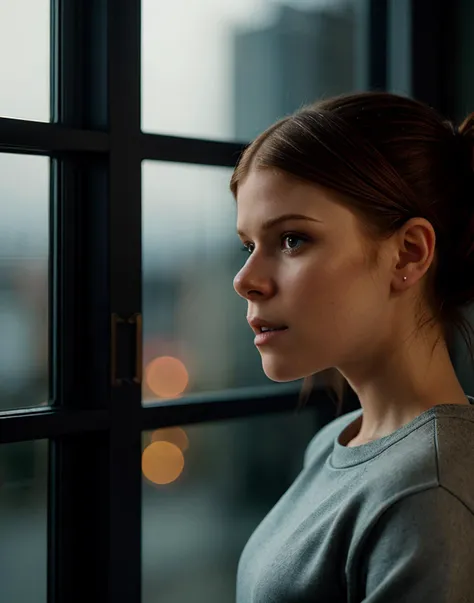 Kate Mara, (((masterpiece))),(((best quality))), highly detailed, (1girl), standing in front of a window, wearing track pants and cropped sweatshirt, side profile, raining outside, detailed water, city lights reflecting off the window, dusk, dynamic lighting, shadows, 35mm photograph, film, bokeh, professional, 4k, highly detailed dynamic lighting, photorealistic, 8k, raw, rich, intricate details, key visual, vivid colors