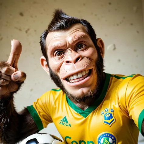 A portrait of a (((chimpanzee))) monkey dressed in Brazil Soccer Uniform 🇧🇷, chimp, loose yellow shirt, (monkey face), ape, gorilla, happy, big smile, selfie, social media, thumbs up, hairy monkey, banana, planet of the apes