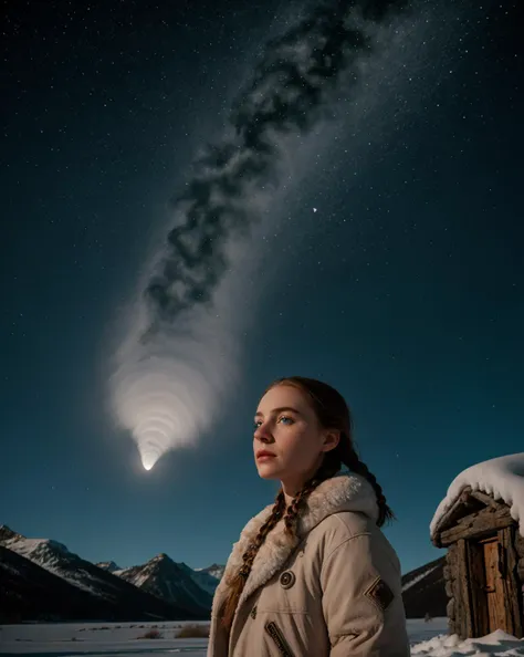 (medium full shot) of (gorgeous female:1.1). Ice Age female standing. Pale skin, petite. Ancestor of all humans. Braided hair. Looking away from viewer. Wearing oversized fur jacket. Cave woman. Neanderthal. Perfect eyes, highly detailed beautiful expressive eyes, detailed eyes. Vast open view in the background, (snowy plains. glaciers, and tribal village:1.2). Cold, freeze, frozen tundra, mist, fog.
(Comet moving through the sky:1.3). 35mm photograph, film, professional, photorealistic, 8k, realistic.