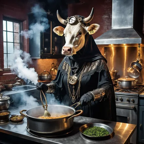 Steampunk, an old humanoid female cow with a shawl on its head standing in the kitchen stirring steaming food in a pot, retrofuturistic science fantasy, steam-powered tech, vintage industry, gears, neo-victorian, steampunk, gothic style an old humanoid female cow with a shawl on its head standing in the kitchen stirring steaming food in a pot . dark, mysterious, haunting, dramatic, ornate, detailed