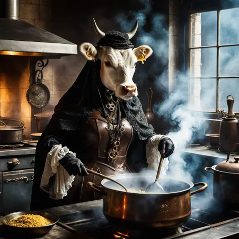 Steampunk, an old humanoid female cow with a shawl on its head standing in the kitchen stirring steaming food in a pot, midjourneyv6.1, retrofuturistic science fantasy, steam-powered tech, vintage industry, gears, neo-victorian, steampunk, gothic style an old humanoid female cow with a shawl on its head standing in the kitchen stirring steaming food in a pot, midjourneyv6.1 . dark, mysterious, haunting, dramatic, ornate, detailed