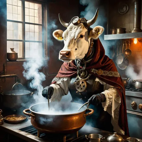 Steampunk, an old humanoid female cow with a shawl on its head standing in the kitchen stirring steaming food in a pot, midjourneyv6.1, retrofuturistic science fantasy, steam-powered tech, vintage industry, gears, neo-victorian, steampunk