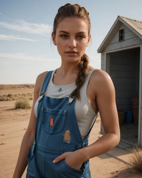 Beautiful female model. Highly detailed face. Seducing detailed expressive eyes. (Wearing only overalls and a ripped torn tank top:1.2). Perfect perky breasts. Dutch Braid Pompadour hair. Old House. Desolate landscape. Dustbowl. Bright sunny day. 8k, RAW photo, best quality, depth of field, ultra high resolution. 35mm photograph, film, professional quality, highly detailed dynamic lighting, photorealistic.