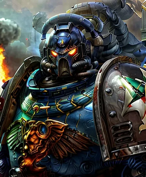 portrait, <lora:adventurers_v1:0.8>, <lora:Warhammer 40,000:1>, <lora:add_detail:1>, <lora:RealDownblouse15_v2.08:1>, <lora:ng_deepnegative_v1_75t:1>, strong man, masterpiece, ultra marine,(Epic blue armor) (metal reflections), (face implants), hdr, best quality, uhd, 8k resolution, best light, realistic, detailed background, detailed face, detailed hands, full body, (epic warzone)(open field)(surrounded by fire), (alien planet), (giant spaceships flying),