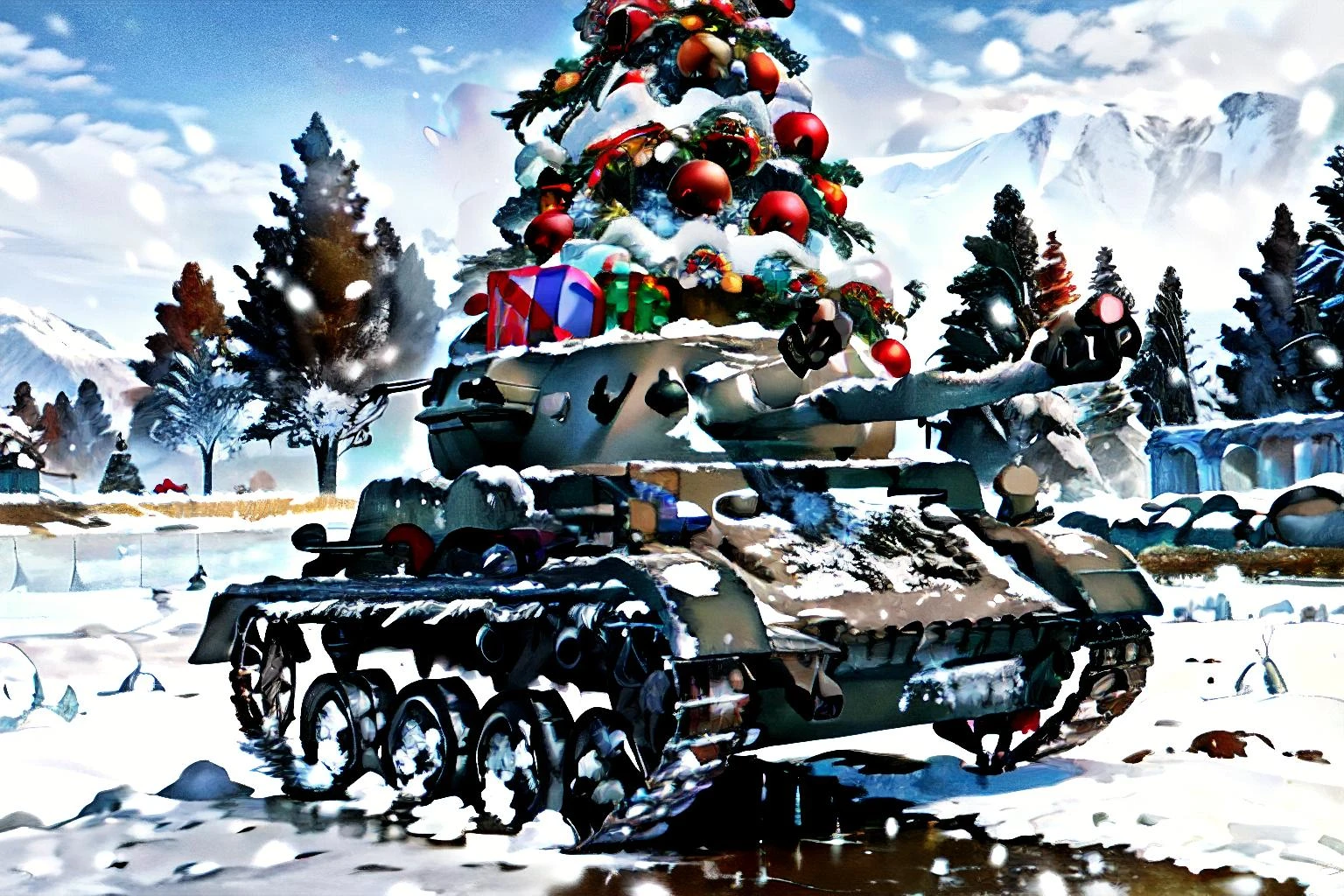 panzer 4 tank, Xmas, ice covered, snow covered, neatly wrapped , with icicles, icicles, mistletoe, red tinsel, christmas tree, decorations, presents, reindeer,