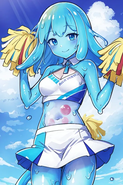 Highly detailed, High Quality, Masterpiece, Slimecore, <lora:Slimecore:0.9>, monster girl, slime girl, smile, blue slime, cheerleader, crop top, skirt, miniskirt, holding pom poms, pom pom \(cheerleading\), <lora:Outfit_Cheerleader:1>