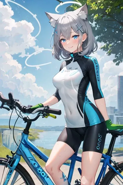 best quality, masterpiece, highres, solo, (shiroko_bluearchive:1.10), 1girl, official alternate costume, short sleeves, looking at viewer, bike shorts, green gloves, blush, sweat, outdoors, bicycle, ass, water bottle, holding bottle, blue sky, parted lips, 1 <lora:shiroko_bluearchive:0.80>
