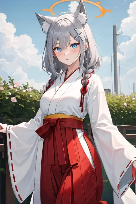 best quality, masterpiece, highres, solo, {white kimono:1.35}, {red hakama:1.35}, {wide sleeves:1.20}, {shiroko_bluearchive:1.15}, animal_ears, animal_ear_fluff, bangs, blue_eyes, grey_hair, hair_ornament, halo, cross_hair_ornament, mismatched_pupils, extra_ears, medium_hair, blush, breasts, cat_ears, hair_between_eyes, wolf_ears