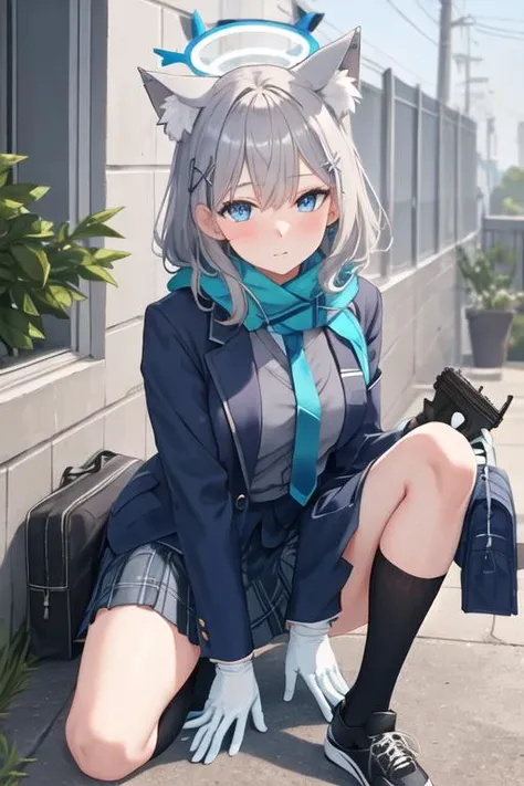 best quality, masterpiece, highres, solo, {shiroko_bluearchive:1.15}, animal_ears, animal_ear_fluff, bangs, blue_eyes, grey_hair, hair_ornament, halo, cross_hair_ornament, mismatched_pupils, extra_ears, medium_hair, blush, breasts, cat_ears, hair_between_eyes, wolf_ears, 1girl, bag, blazer, blue_scarf, jacket, long_sleeves, looking_at_viewer, necktie, open_clothes, open_jacket, plaid, plaid_skirt, pleated_skirt, scarf, school_bag, school_uniform, shirt, shirt_tucked_in, skirt, white_shirt, assault_rifle, blue_jacket, blue_necktie, closed_mouth, gloves, green_gloves, id_card, kneehighs, rifle, shoes, shoulder_bag, sig_sauer, sneakers, socks, white_socks, black_footwear, gun, outdoors, single_glove, weapon, pocket