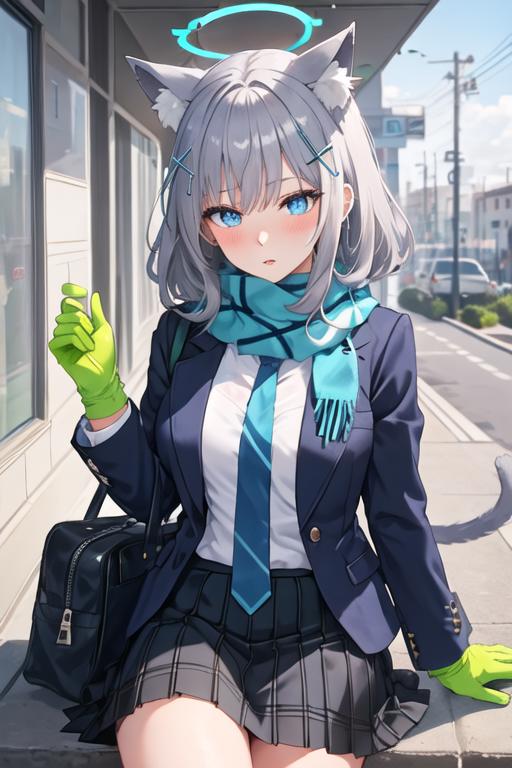 Anime girl with a cat ears and a blue tie and green gloves - SeaArt AI