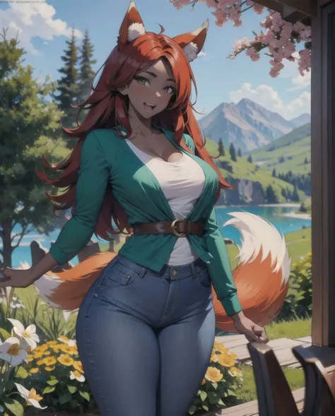 (flowers garden on background:1), (masterpiece), standing, solo:1, 1girl, (normal breasts:1), <lora:zoologistloraX1:1>, Zoologist, ((focus on face)), headpatpov:1, blush, fox ears, red hair, fox taile, holding, open mouth:0.4, happy face, green shirt, (dark-skinned female:1), jeans, (cute:1), outdoors, house, tree, day, lake, jacket, flower in hair,