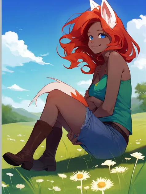 detailed, (masterpiece, ultra high res:1.1), (chibi:0.8), high quality, best quality, solo, 1girl, from side, sitting in a field, cute, unique pose, 
<lora:zoologistlora3:1>, zoologist, red hair, long hair, fox ears, dark skin, blue eyes, hd eyes, detailed nose, detailed mouth, smile,
green shirt, midrff, spaghetti strap, ribbed tank top, fur trim, blue shorts, brown boots, 
blue sky, detailed grass, wind, dandelions,