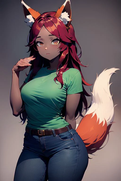 (masterpiece, best quality:1.3), zoologist, antipanel, green shirt, dark-skinned female, jeans, (cute:1.2), fox girl, red hair, fox ears, fox tail, <lora:zoologistloraX2:1> <lora:AntiPanel:-1>