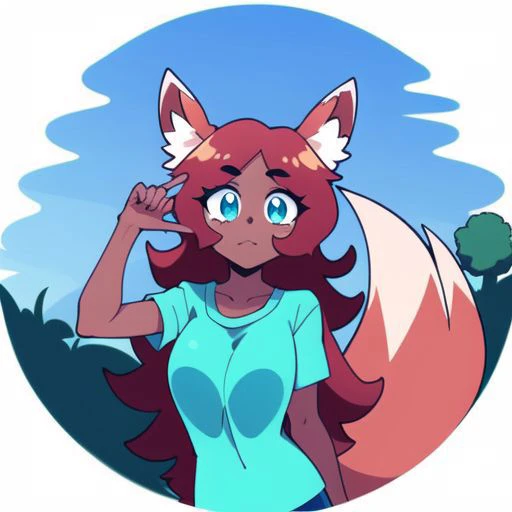 (masterpiece, best quality:1.3), zoologist, 1girl, brown skin, cyan shirt, fox girl, (anime style:1.2) <lora:zoologistlora2-17:1>