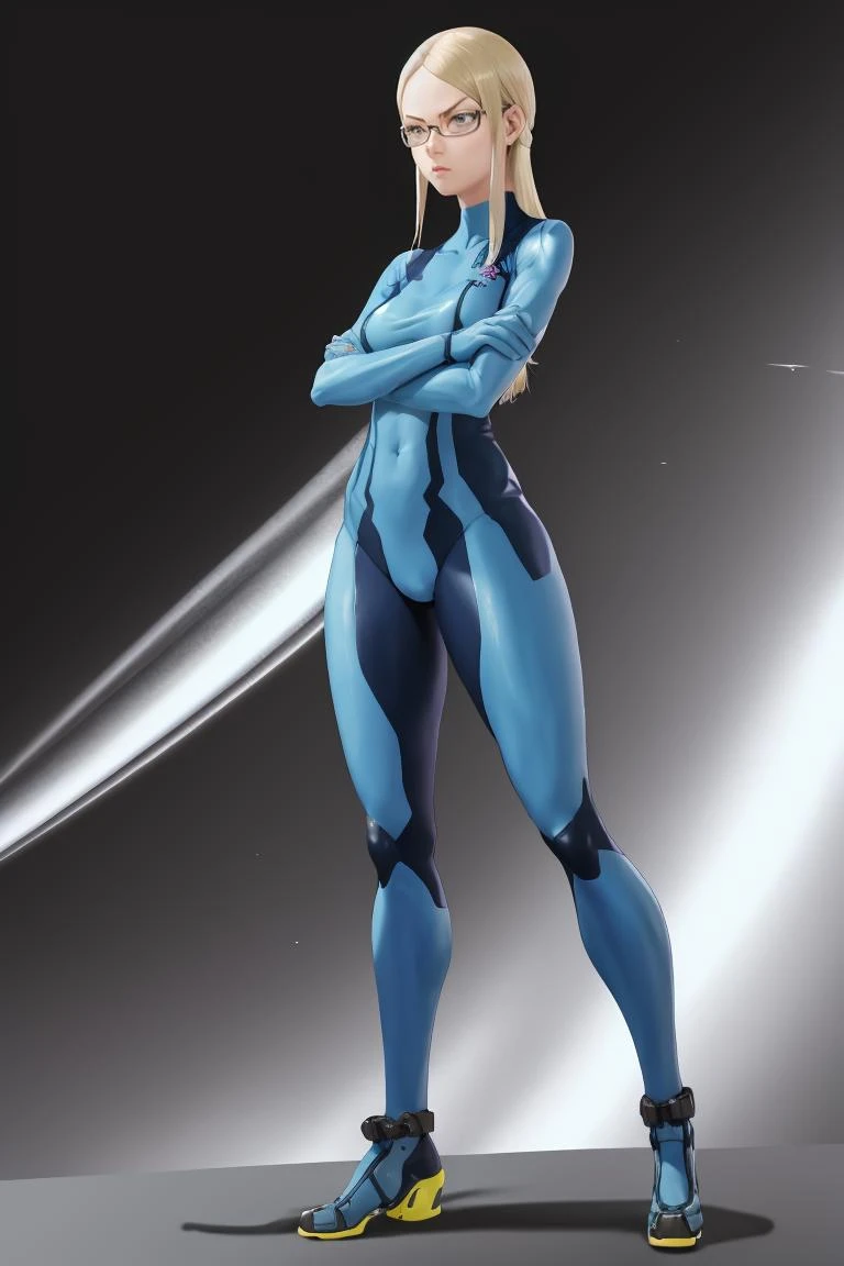 masterpiece, best quality, absurdres, <lora:mitsukikonishi-twewy-richy-v1:1> mitsukikonishi, semi-rimless eyewear, <lora:zerosuit-nvwls-v1-final:1> zero suit, full body, standing, 1girl, solo, crossed arms, science fiction, serious
