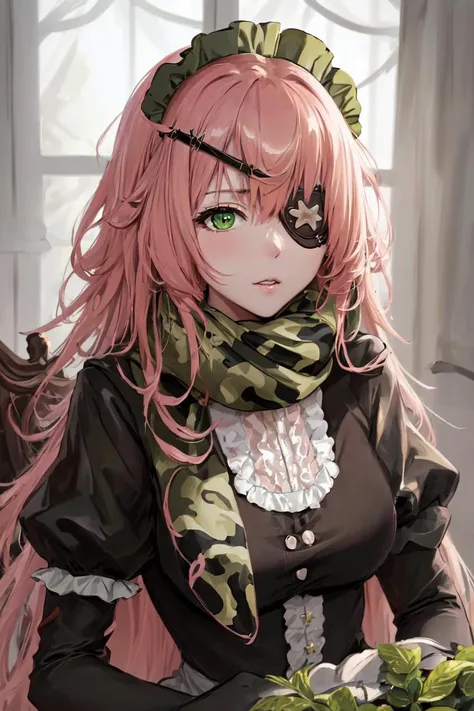 highres, sharp focus, pixiv masterpiece, ((intricate details)), highly detailed, cz2128_delta , 1girl, upper body,( green eyes:1.1), long hair, pink hair, eyepatch, camouflage scarf, maid headdress, black maid uniform, long sleeves, <lora:CZ Shizu Delta Overlord v1_2:0.8>