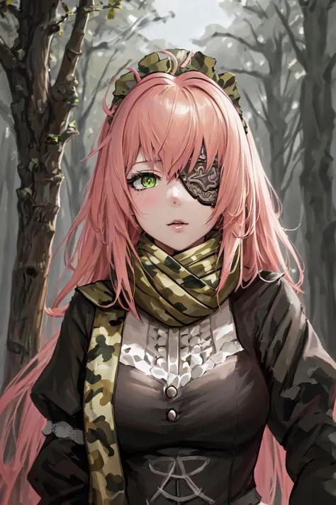 highres, sharp focus, pixiv masterpiece, ((intricate details)), highly detailed, cz2128_delta , 1girl, upper body,( green eyes:1.1), long hair, pink hair, eyepatch, camouflage scarf, maid headdress, black maid uniform, long sleeves, forest, <lora:CZ Shizu Delta Overlord v1_2:1>