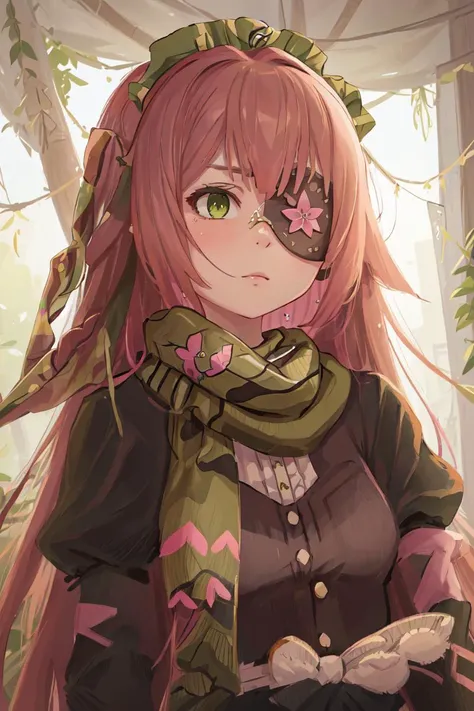 highres, sharp focus, pixiv masterpiece, ((intricate details)), highly detailed, cz2128_delta , 1girl, upper body,( green eyes:1.1), long hair, pink hair, eyepatch, camouflage scarf, maid headdress, black maid uniform, long sleeves, <lora:CZ Shizu Delta Overlord v1_2:0.8>, <lora:COOLKIDS_MERGE_V2.5:1>