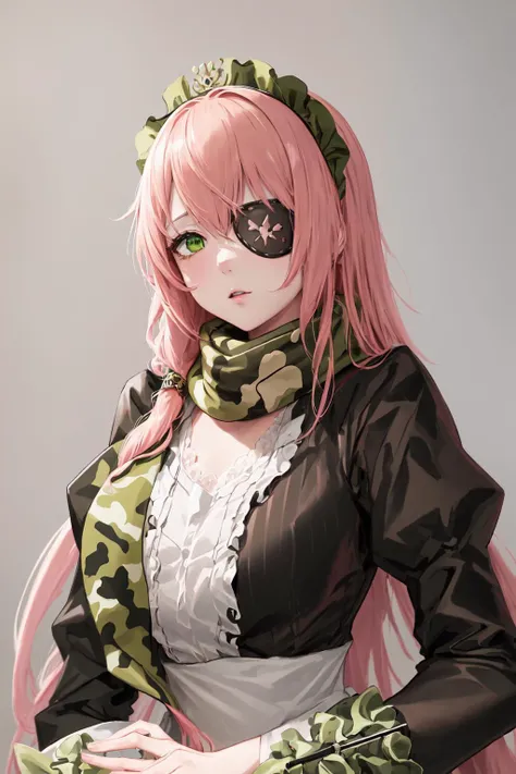 highres, sharp focus, pixiv masterpiece, ((intricate details)), highly detailed, cz2128_delta , 1girl, upper body,( green eyes:1.1), long hair, pink hair, eyepatch, camouflage scarf, maid headdress, black maid uniform, long sleeves,  <lora:CZ Shizu Delta Overlord v1_2:0.7>