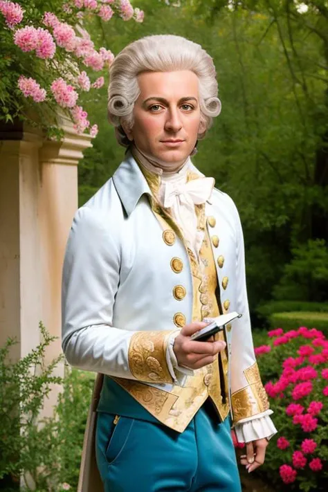<lora:amad3usmoz4rt_v1.0:0.8>, a Realistic detailed photo of Mozart amadeus man, Detailed face, (perfect eyes), (highly detailed skin:1.1), wearing white 1775 clothes, modelshoot, Professional Photography, Soft lighting, PHOTOREALISTIC, Realistic, Sunset, in a beautiful Palace Garden with flowers background, blurred background, , RAW, analog, sharp focus, 8k, high resolution, DSLR, high quality, Fujifilm XT3, film grain, award winning