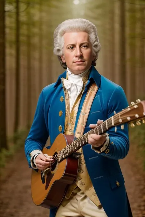 <lora:amad3usmoz4rt_v1.0:0.8>, a full body portrait of a amadeus man as a (Acoustic Guitar player), Detailed face, (perfect eyes), (highly detailed skin:1.1), (Perfect hands and fingers), slim body, wearing a gold 1775 suit, Professional Photography, Dramatic lighting, PHOTOREALISTIC, Realistic, Beautiful, Sunny, In a foggy forest background, blurred background, God Rays, Bokeh lights, RAW, analog, sharp focus, 8k, high resolution, DSLR, high quality, Fujifilm XT3, film grain, award winning