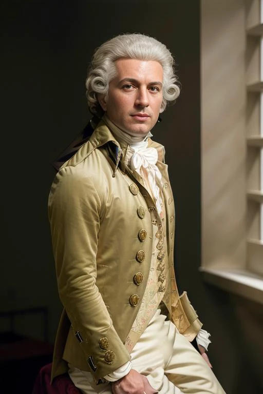 <lora:amad3usmoz4rt_v1.0:0.8>, a Realistic portrait of a amadeus man with a 1775 jacket and a white lace shirt, Detailed face, (perfect eyes), (highly detailed skin:1.1), slim body, sitting on a bed, window, curtains waving, Sunrise sky outside the window, (8K, best quality:1.2), (masterpiece:1.37), (photorealistic:1.2), (ultra realistic:1.2), (ultrahigh-res:1.1), (high contrast:1.1), (intense:1.1), (detailed:1.1), (perfect body:1.1), (dynamic pose:1.1), (highest quality, Alessandro Casagrande, Greg Rutkowski, Sally Mann, concept art, 4k), (analog:1.2), (high sharpness), real shadow, 3d, (by Michelangelo), photographed by Canon EOS R6, 135mm, 1/1250s, f/2.8, ISO 400