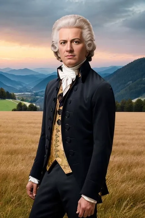 <lora:amad3usmoz4rt_v1.0:0.7>, a Realistic Portrait of a amadeus man , Detailed face, (perfect eyes), (highly detailed skin:1.1), slim body, ((wearing a black 1775 suit)), modelshoot, Professional Photography, Soft lighting, PHOTOREALISTIC, Realistic, (Sunrise, dramatic clouds), standing in a grass field in Austria background, blurred background, , RAW, analog, sharp focus, 8k, high resolution, DSLR, high quality, Fujifilm XT3, film grain, award winning