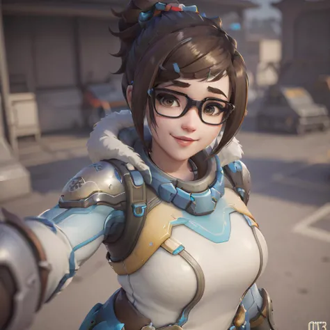 MeiOver, 1girl, mei (overwatch), <lora:MeiOver:0.6>, <lora:OverwatchTech-28:0.2> owtech, scifi, stylized 3d, short hair, hair bun, plump, upper body, smile, detailed eyes , selfie, <lora:OWstyle:0.5>