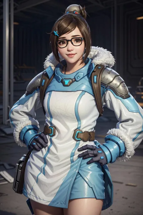 MeiOver, 1girl, mei (overwatch), glasses, brown hair, hair ornament, solo, brown eyes, short hair, smile, hair stick, lips, single hair bun, hair bun, gloves, nose, jacket, hand on hip, robot, realistic, black-framed eyewear
<lora:epi_noiseoffset2:1>, <lora:MeiOver:0.7>