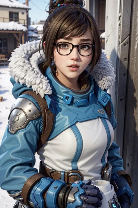 MeiOver, 1girl, mei (overwatch), black-framed eyewear, brown hair, glasses, solo, brown eyes, hair ornament, blue gloves, gloves, hair bun, short hair, fur trim, coat, single hair bun, hair stick, jacket, upper body, lips, bangs, winter coat, winter clothes, nose, closed mouth, fur-trimmed jacket, parka, swept bangs, realistic, fur coat
<lora:epi_noiseoffset2:1>, <lora:MeiOver:0.7>
