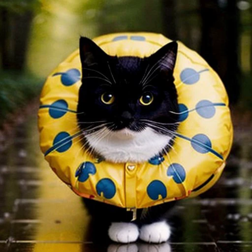 tiny cute (happy1.4) cat in a (yellow raincoat1.3) in the woods, rain, a character portrait, Tilt-shift, bokeh
<lora:uniko_v1:0.8>