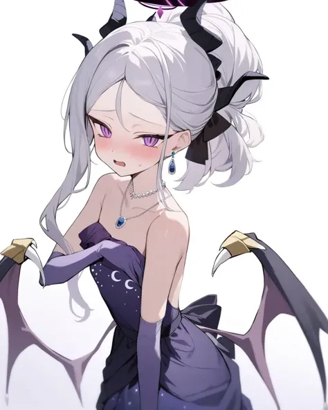 masterpiece,best quality,<lora:hina_(dress):1>,hina, 1girl, demon wings, solo, white background, simple background, looking at viewer, blush, sweatdrop, open mouth, sidelocks, elbow gloves, purple gloves, purple dress, bare shoulders, earrings, low wings, pearl necklace, alternate costume