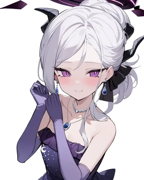 1 Girl, Purple Full Royal Dress, Purple Lace Ribbon, Medium Breasts, Blue Eyes, Platinum White Hair, Twin Tail Hair Style, Pale White Skin, Smooth Skin, Face Freckles, Nice Cleavage, Slutty, Sexy, Sassy, Smirking, Tease, Teasing