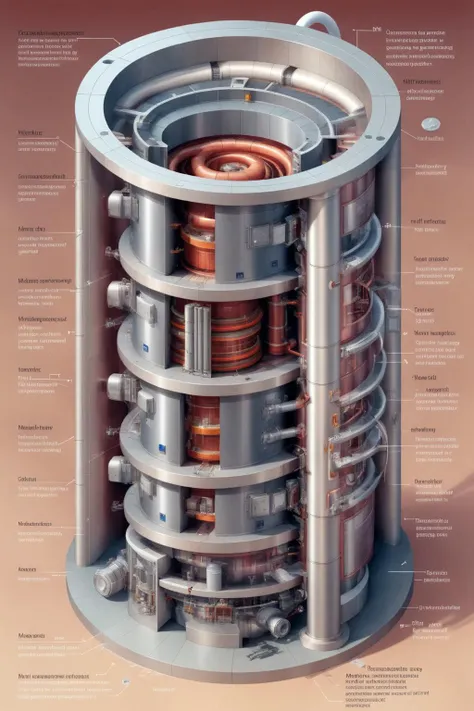 <lora:Isometric Cutaway:1>,Isometric Cutaway - An image illustrating the installation guide for the Tokamak Magnetic Confinement Circulation Generator. The background showcases a Tokamak Magnetic Confinement Circulation Generatorinstallation scenario,with illustrations or pictures demonstrating the correct installation steps. The accompanying text instructions are presented in a clear and understandable manner,assisting users in effortlessly completing the Tokamak Magnetic Confinement Circulation Generator installation.