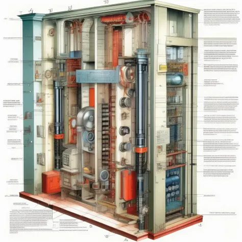 <lora:Isometric Cutaway:1>,Isometric Cutaway ,The electrical schematic diagram of the elevator is explained and the role of each electrical circuit is explained.