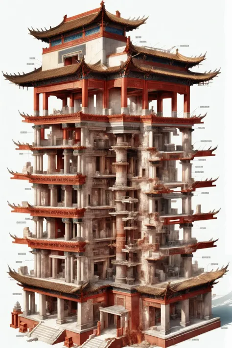 <lora:Isometric Cutaway:1>,Isometric Cutaway -,a photorealistic exploded view of a ancient chinese building,labeled parts,technical details,cross-section view,focus,contrast,brightness,realistic style,scientific accuracy,clear and concise